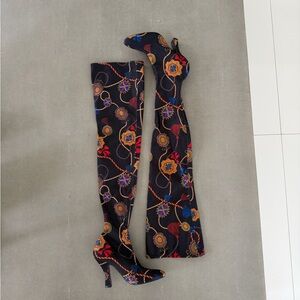 Zara Black Floral Chain Over-the-Knee high heel Boots 36